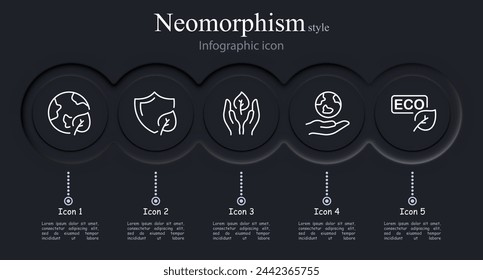 Nature icon set. Leaf, planet, shield, palms, green peace, save the planet, ecology. Neomorphism style. Vector line icon for business and advertising