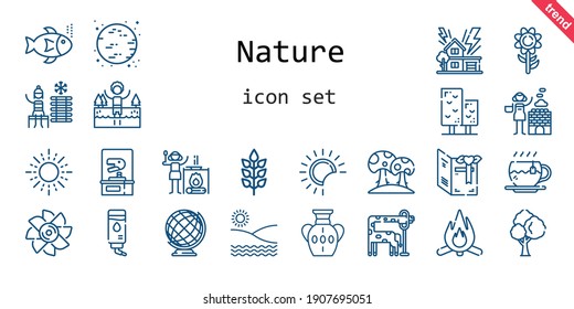 Nature Icon Set. Line Icon Style. Nature Related Icons Such As Turbine, Storm, Hot Stones, Earth Globe, Tree, Vase, Water, Fishes, Cold Water, Sun, Sunflower, Eclipse, Tea, Moon, Giraffe, Beach