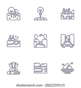 Nature icon set. Line style. Editable stroke. nature, waterfall, trees, lake, forest, snow, meditation, island.