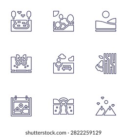 Nature icon set. Line style. Editable stroke. valley, lake, natural gum, nature, park, river.