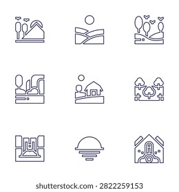 Nature icon set. Line style. Editable stroke. nature, waterfall, forest, trees, falling debris, sunset, farm, field.