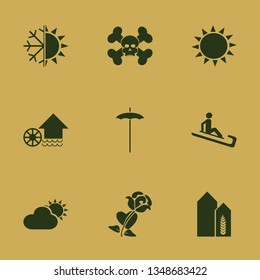 nature icon set with man riding sleigh, wheat harvest growth and snowflake sun vector illustration