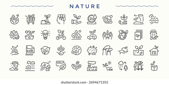 Ícone de natureza definido. Ícones modernos de IU vetorial. Traçado editável. Coleção de ícones da árvore. Pacote de manjericão e folhas, árvore, manjericão, folhas e muito mais.