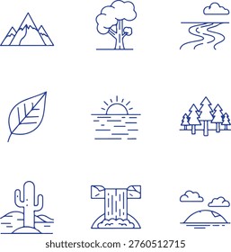 Nature Icon Set: Mountains, Trees, River, Leaf, Sunset, Forest, Cactus