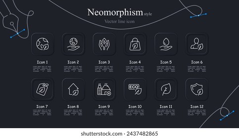 Nature icon set. Planet, red book, drop, leaf, tag, ecology, plant, shield. Neomorphism style. Vector line icon for business and advertising