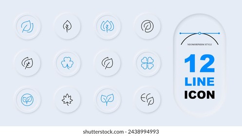 Nature icon set. Planet, shield, green peace, ecology, leaves, greens, water, drop. Neomorphism style. Vector line icon for business and advertising