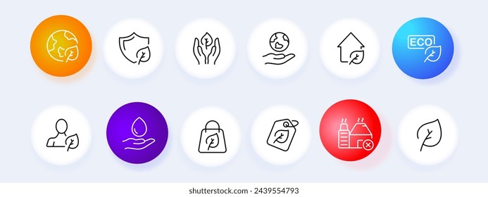 Nature icon set. Planet, shield, green peace, ecology, leaves, greens, water, drop. Neomorphism style. Vector line icon for business and advertising