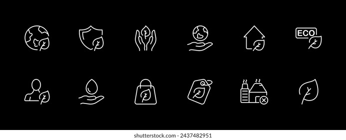 Nature, icon set. Planet, sprout, greenery, red book, house, environmental materials, drop. White line icon on black background. Vector line icon for business and advertising