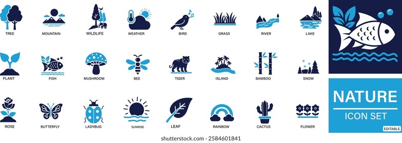 Nature icon set river, mountain, plant, tree, flower, weather, wildlife, bird, butterfly, fish You can easily change the color.