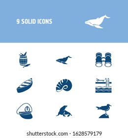 Nature icon set and seashell with captains cap, seagull and binoculars. Mammal related nature icon vector for web UI logo design.