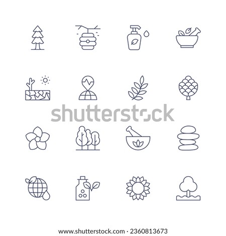Nature icon set. Thin line icon. Editable stroke. Containing beehive, drought, earthquake, flower, forest, globe, homeopathy, lotion, mortar, nature, pine cone, remedy, stones, sunflower, tree.