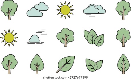 Ícone da natureza definido com árvores, folhas, sol e nuvens