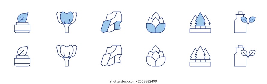 Nature icon set in two styles, Duotone and Thin Line style. Editable stroke. natural product, poppy, hop, forest, homeopathy, mineral.