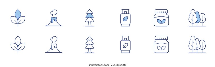 Nature icon set in two styles, Duotone and Thin Line style. Editable stroke. gas, herbal, eco friendly, volcano, forest, tree.