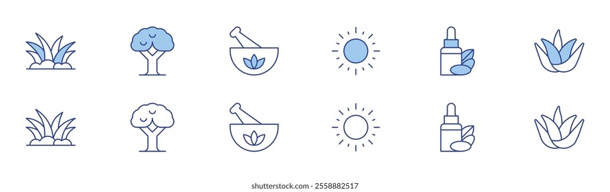 Nature icon set in two styles, Duotone and Thin Line style. Editable stroke. sun, grass, tree, argan oil, remedy, aloe vera.