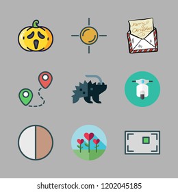 nature icon set. vector set about focus, flower, motorbike and route icons set.