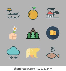 nature icon set. vector set about products, polar bear, orange and snowing icons set.