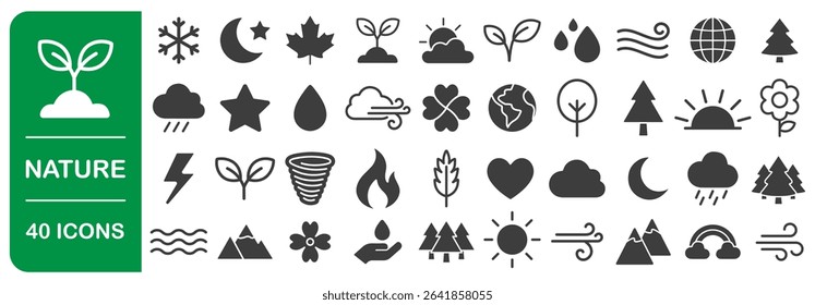 Nature icon symbol set. Fresh environment, weather forecast icons collection. sun, mountain, tree, ecology, plant, cloud, fire. Vector illustration. Isolated on white background.