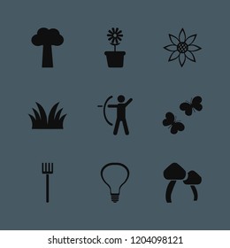 nature icon. nature vector icons set mushrooms, sunflower, flower pot and grass