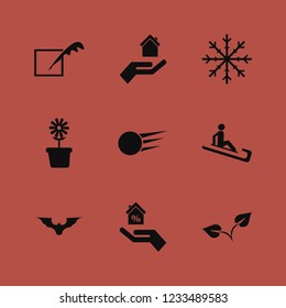 nature icon. nature vector icons set feather, flower pot, snowflake and hand house