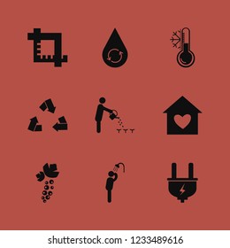 nature icon. nature vector icons set black currant berry, house heart, hydraulic energy and man has shower