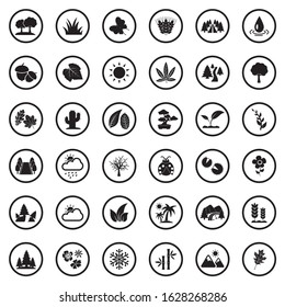 Nature Icons. Black Flat Design In Circle. Vector Illustration.