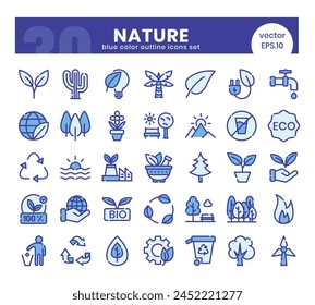 Nature Icons Bundle. Blue colored outline icons style. Vector illustration.