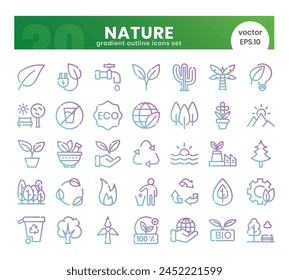 Nature Icons Bundle. Gradient outline icons style. Vector illustration.