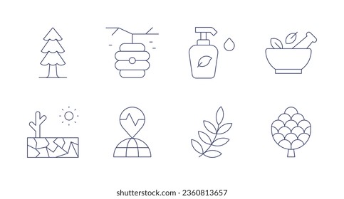 Nature icons. editable stroke. Containing beehive, drought, earthquake, lotion, mortar, nature, pine cone, tree.