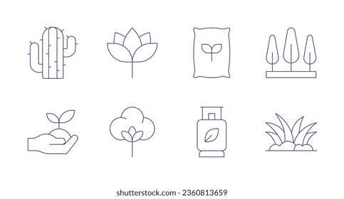 Nature icons. editable stroke. Containing cactus, ecology and environment, fertilizer, gas, grass, lotus, organic cotton, trees.