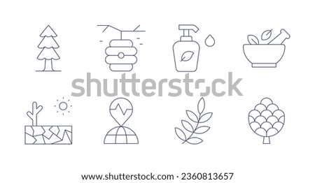 Nature icons. editable stroke. Containing beehive, drought, earthquake, lotion, mortar, nature, pine cone, tree.