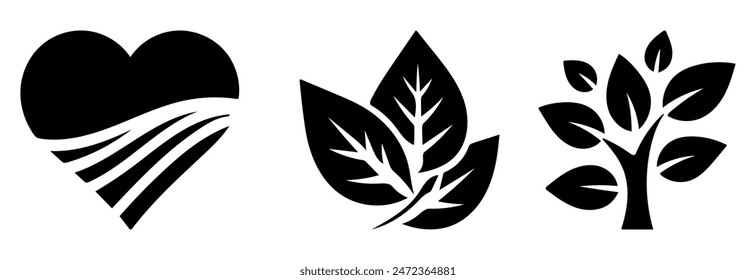 Naturaleza Iconos: Corazón, Hojas, Árbol, Concepto Ecológico, Ilustración vectorial Plana