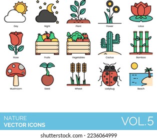Nature Icons including Air, Ant, Ape, Autumn, Bamboo, Beach, Bear, Bee, Bird, Bug, Insect, Butterfly, Cactus, Canyon, Cat, Chicken, Cloud, Cow, Crocodile, Deer, Desert, Earth, Elephant, Snake, Snow