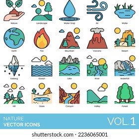 Nature Icons including Air, Ant, Ape, Autumn, Bamboo, Beach, Bear, Bee, Bird, Bug, Insect, Butterfly, Cactus, Canyon, Cat, Chicken, Cloud, Cow, Crocodile, Deer, Desert, Earth, Elephant, Snake, Snow