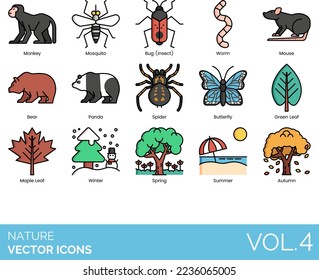 Nature Icons including Air, Ant, Ape, Autumn, Bamboo, Beach, Bear, Bee, Bird, Bug, Insect, Butterfly, Cactus, Canyon, Cat, Chicken, Cloud, Cow, Crocodile, Deer, Desert, Earth, Elephant, Snake, Snow