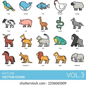 Nature Icons including Air, Ant, Ape, Autumn, Bamboo, Beach, Bear, Bee, Bird, Bug, Insect, Butterfly, Cactus, Canyon, Cat, Chicken, Cloud, Cow, Crocodile, Deer, Desert, Earth, Elephant, Snake, Snow