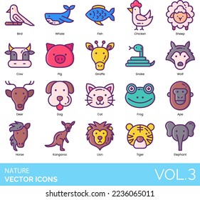 Nature Icons including Air, Ant, Ape, Autumn, Bamboo, Beach, Bear, Bee, Bird, Bug, Butterfly, Cactus, Canyon, Cat, Chicken, Cloud, Cow, Crocodile, Day, Deer, Desert, Dog, Earth, Elephant, Grass