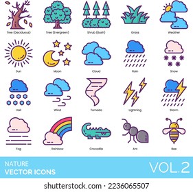 Nature Icons including Air, Ant, Ape, Autumn, Bamboo, Beach, Bear, Bee, Bird, Bug, Butterfly, Cactus, Canyon, Cat, Chicken, Cloud, Cow, Crocodile, Day, Deer, Desert, Dog, Earth, Elephant, Grass