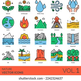 Nature Icons including Air, Ant, Ape, Autumn, Bamboo, Beach, Bear, Bee, Bird, Bug, Butterfly, Cactus, Canyon, Cat, Chicken, Cloud, Cow, Crocodile, Day, Deer, Desert, Dog, Earth, Elephant, Fire, Fish