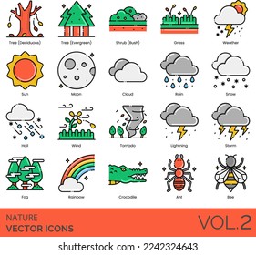 Nature Icons including Air, Ant, Ape, Autumn, Bamboo, Beach, Bear, Bee, Bird, Bug, Butterfly, Cactus, Canyon, Cat, Chicken, Cloud, Cow, Crocodile, Day, Deer, Desert, Dog, Earth, Elephant, Fire, Fish