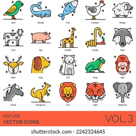 Nature Icons including Air, Ant, Ape, Autumn, Bamboo, Beach, Bear, Bee, Bird, Bug, Butterfly, Cactus, Canyon, Cat, Chicken, Cloud, Cow, Crocodile, Day, Deer, Desert, Dog, Earth, Elephant, Fire, Fish