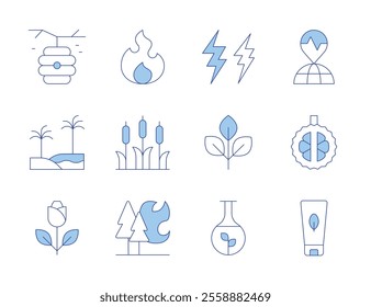 Nature icons. Line Duotone style, editable stroke. cattail, durian, lightning, forest fire, natural product, oasis, plant, rose, beehive, earthquake, flammable, lotion.