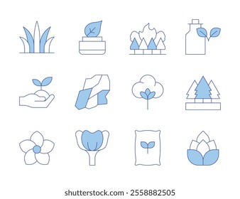 Nature icons. Line Duotone style, editable stroke. fertilizer, natural product, poppy, ecology and environment, organic cotton, grass, hop, forest, homeopathy, flower, mineral.