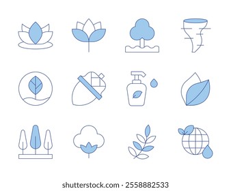 Nature icons. Line Duotone style, editable stroke. acorn, trees, lotus, leaf, tornado, tree, lotus flower, lotion, nature, globe, cotton, earth.