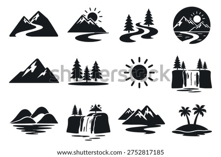 Nature icons with mountain river sun minimal 
