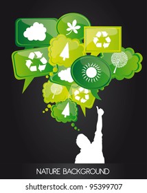 Nature icons on bubbles over black background