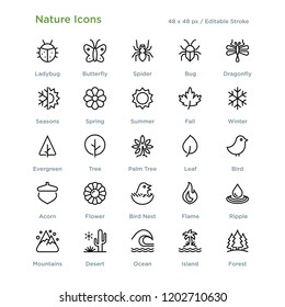 Nature Icons - Outline styled icons, designed to 48 x 48 pixel grid. Editable stroke.