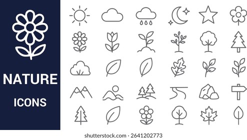 Nature Icons: Plants, Flowers, Weather, Mountains, and Trees Illustrations