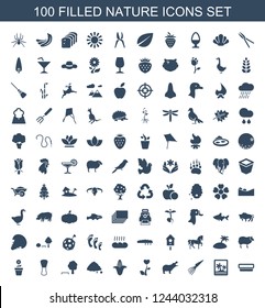 nature icons. Set of 100 filled nature icons included pot for plants, photo, extinct sea creature, hippopotamus on white background. Editable nature icons for web, mobile and infographics.