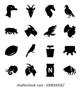 Nature icons. set of 16 editable filled nature icons such as udder, goose, lemon, dove, eagle, buffalo, goat, sparrow, elephant, turkey, plant in pot, bag with ground, horse